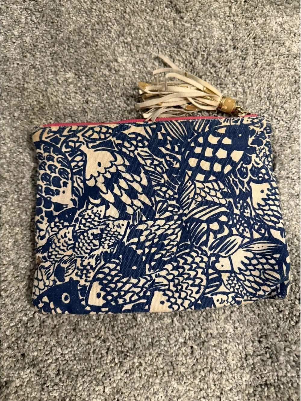Lilly Pulitzer Blue and Beige Patterned Canvas Tassel Clutch